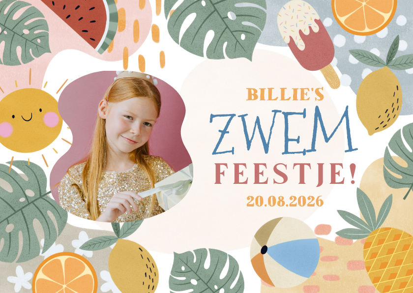 Kinderfeestje uitnodiging zwemfeestje tropisch met foto - Kinderfeestjes Kinderfeestjes - Kinderfeestje uitnodiging zwemfeestje tropisch met foto