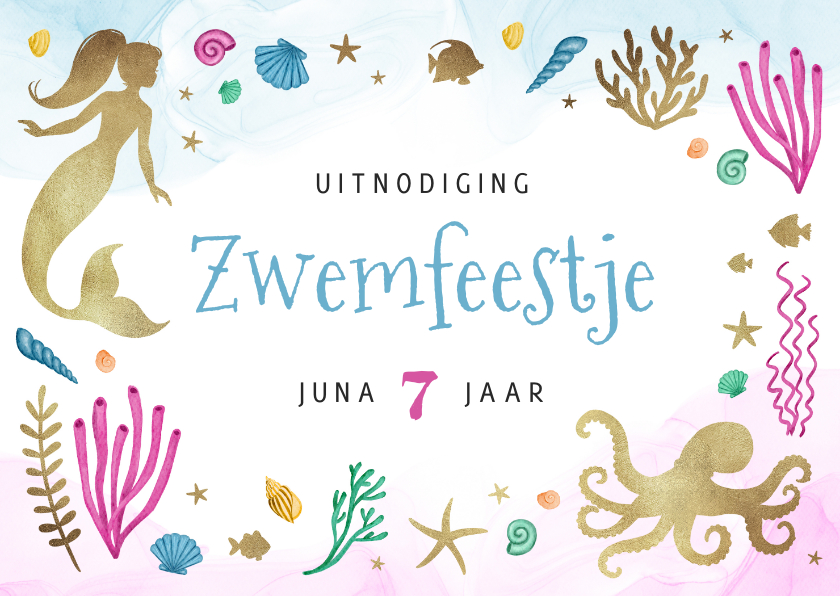 Kinderfeestjes - Kinderfeestje uitnodiging zwemfeestje zeemeermin goud water