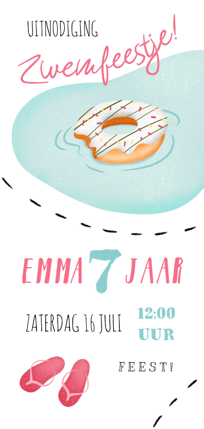 Kinderfeestjes - Kinderfeestje uitnodiging zwemmen donut slippers