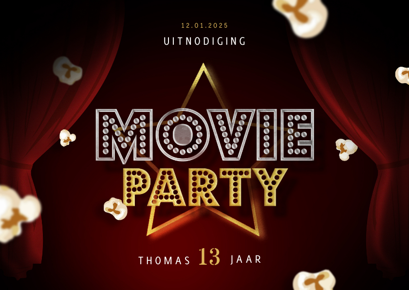Kinderfeestje uitnodigingskaart bioscoop movie party popcorn - Kinderfeestjes Kinderfeestjes - Kinderfeestje uitnodigingskaart bioscoop movie party popcorn