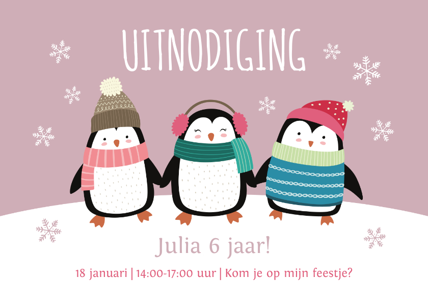 Kinderfeestje uitnodigingskaart pinguïns roze - Kinderfeestjes Kinderfeestjes - Kinderfeestje uitnodigingskaart pinguïns roze