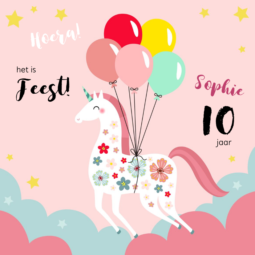 Kinderfeestje unicorn met bloemen en ballonnen uitnodiging - Kinderfeestjes Kinderfeestjes - Kinderfeestje unicorn met bloemen en ballonnen uitnodiging
