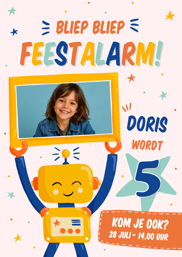 Kleurrijke uitnodiging met robot die fotolijst vasthoudt - Kinderfeestjes Kinderfeestjes - Kleurrijke uitnodiging met robot die fotolijst vasthoudt