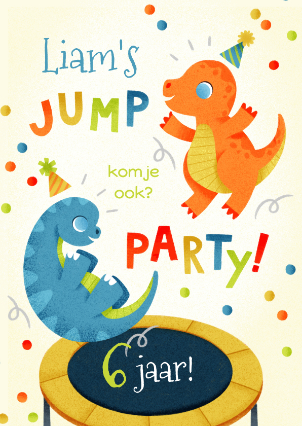 Kinderfeestjes - Leuke kinderfeestjekaart jump party met dino's en confetti