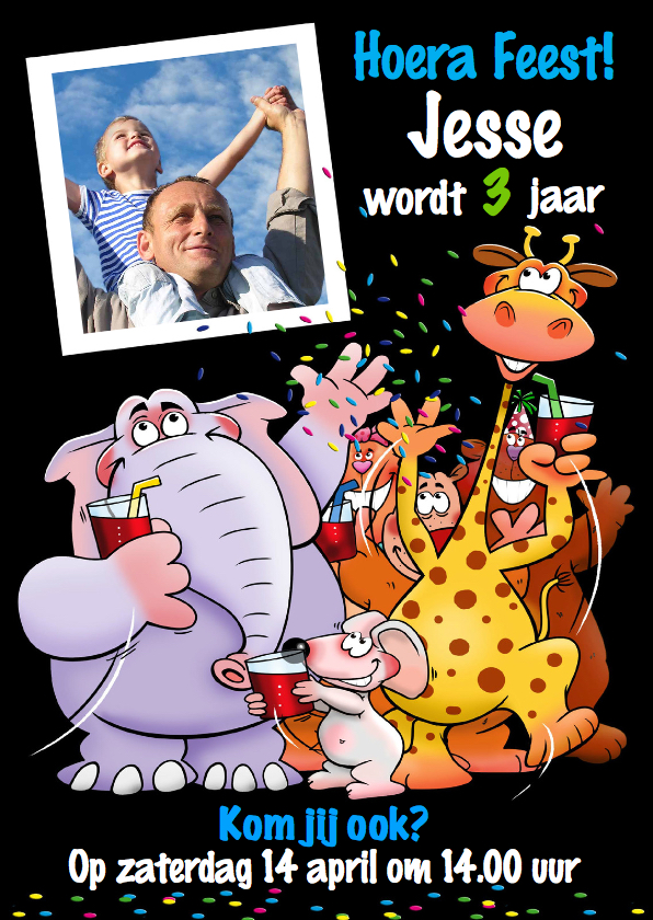 Leuke uitnodiging kinderfeest met grappige dieren en foto - Kinderfeestjes Kinderfeestjes - Leuke uitnodiging kinderfeest met grappige dieren en foto