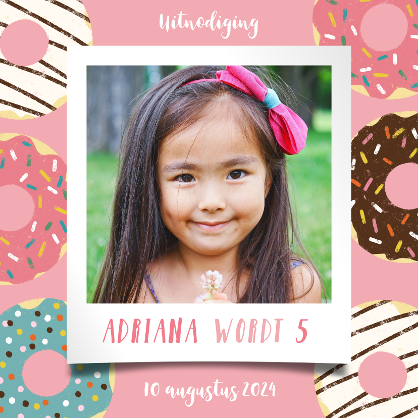 Leuke uitnodiging kinderfeestje met donuts en foto - Kinderfeestjes Kinderfeestjes - Leuke uitnodiging kinderfeestje met donuts en foto