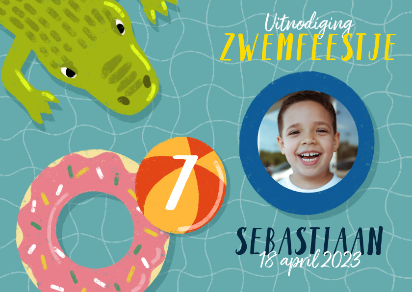 Leuke uitnodiging kinderfeestje met zwembanden en krokodil - Kinderfeestjes Kinderfeestjes - Leuke uitnodiging kinderfeestje met zwembanden en krokodil