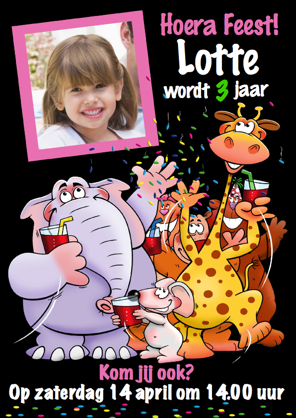 Leuke uitnodiging kinderfeestje voor meisje grappige dieren - Kinderfeestjes Kinderfeestjes - Leuke uitnodiging kinderfeestje voor meisje grappige dieren