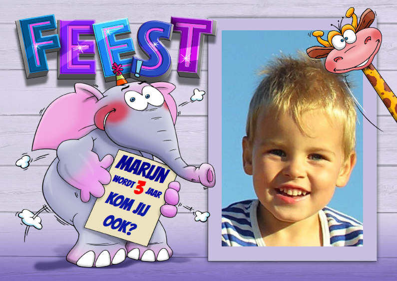 Leuke uitnodiging voor kinderfeest olifant, giraf en foto - Kinderfeestjes Kinderfeestjes - Leuke uitnodiging voor kinderfeest olifant, giraf en foto