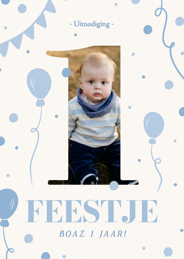 Lieve uitnodiging 1 jaar lichtblauw met foto - Kinderfeestjes Kinderfeestjes - Lieve uitnodiging 1 jaar lichtblauw met foto