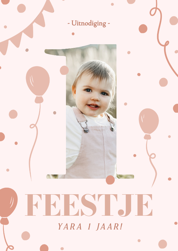 Lieve uitnodiging eerste verjaardag roze met foto - Kinderfeestjes Kinderfeestjes - Lieve uitnodiging eerste verjaardag roze met foto