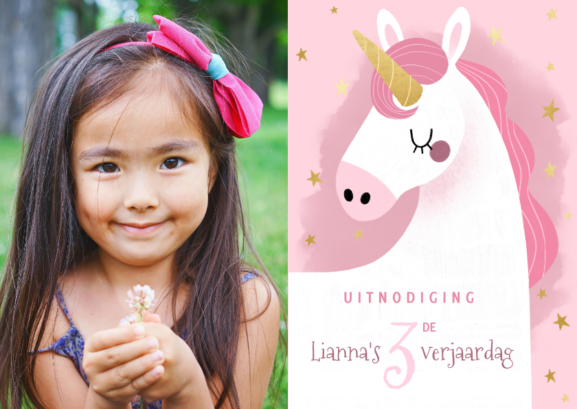 Lieve uitnodiging kinderfeestje eenhoorn, sterretjes & foto - Kinderfeestjes Kinderfeestjes - Lieve uitnodiging kinderfeestje eenhoorn, sterretjes & foto