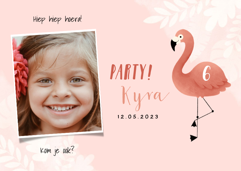 Lieve uitnodiging kinderfeestje flamingo, bladeren en foto - Kinderfeestjes Kinderfeestjes - Lieve uitnodiging kinderfeestje flamingo, bladeren en foto