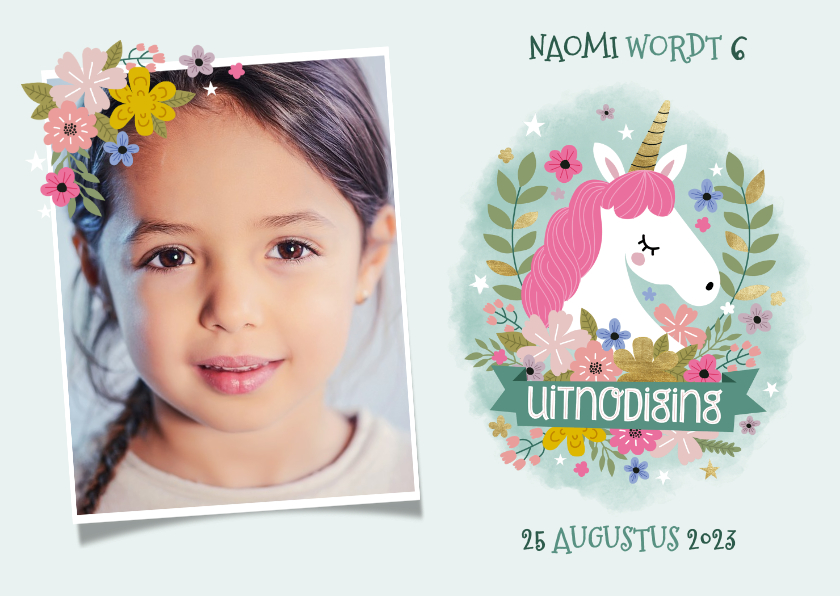 Lieve uitnodiging kinderfeestje met eenhoorn, bloemen & foto - Kinderfeestjes Kinderfeestjes - Lieve uitnodiging kinderfeestje met eenhoorn, bloemen & foto