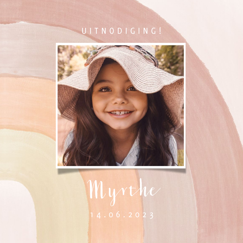 Lieve uitnodiging kinderfeestje met regenboogje en foto - Kinderfeestjes Kinderfeestjes - Lieve uitnodiging kinderfeestje met regenboogje en foto