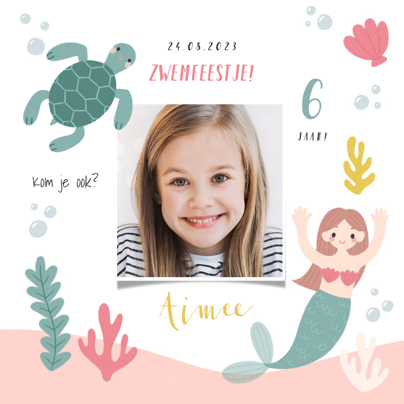 Lieve uitnodiging kinderfeestje zeemeermin, schildpad & foto - Kinderfeestjes Kinderfeestjes - Lieve uitnodiging kinderfeestje zeemeermin, schildpad & foto