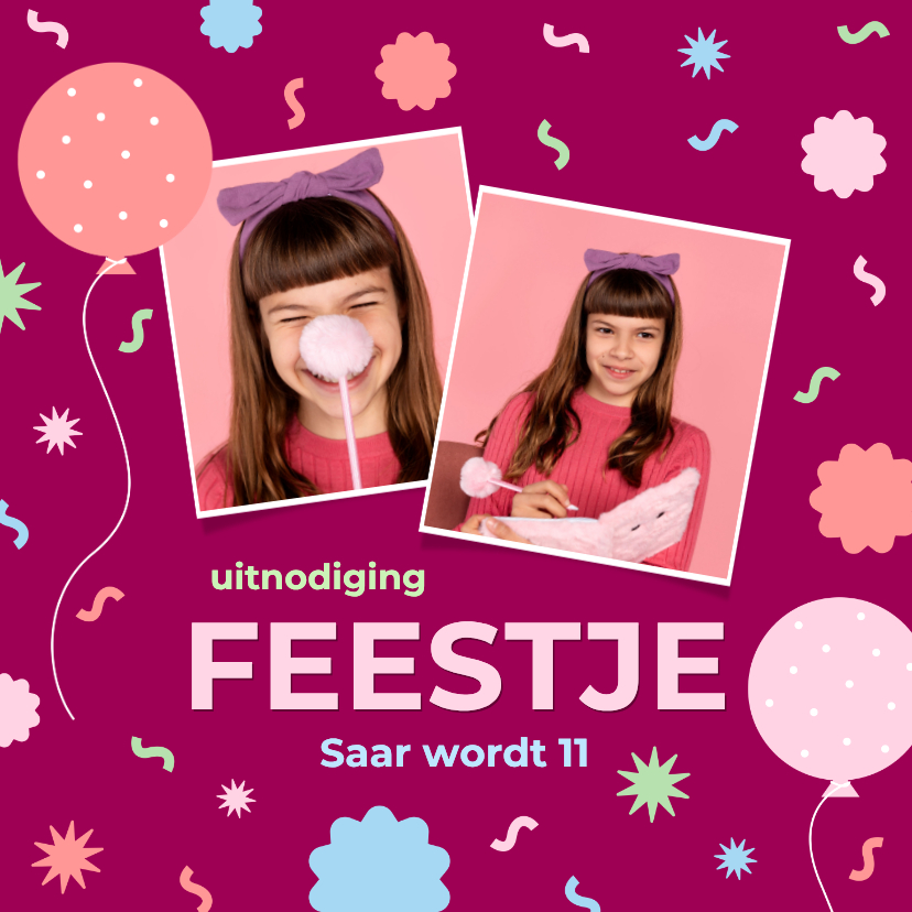 Paarse kinderfeestje uitnodiging fotokaart met confetti - Kinderfeestjes Kinderfeestjes - Paarse kinderfeestje uitnodiging fotokaart met confetti