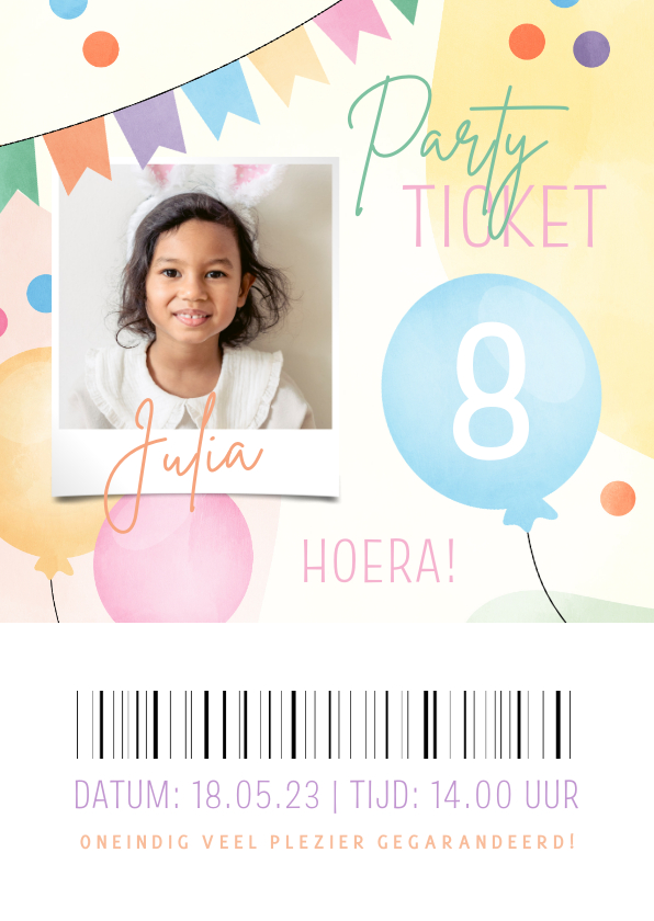 Kinderfeestjes - Party Ticket vrolijk met ballonnen, slingers en confetti