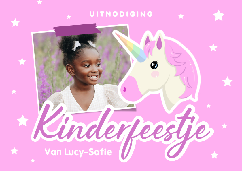 Kinderfeestjes -  Roze kinderfeestje uitnodiging met foto en eenhoorn