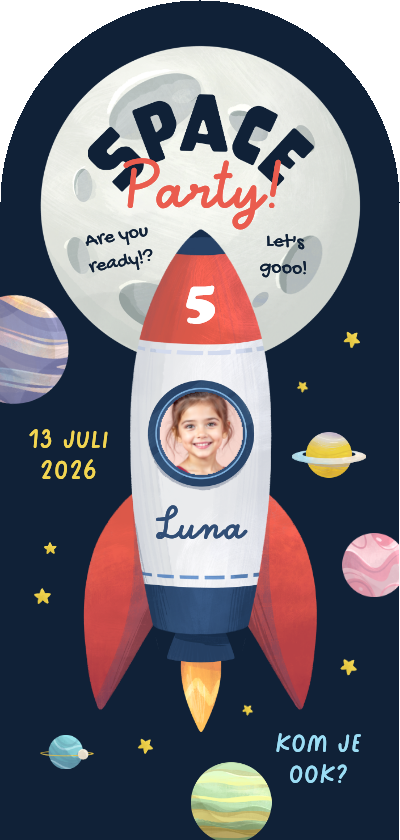 Stoer kinderfeestje uitnodiging space party foto raket maan - Kinderfeestjes Kinderfeestjes - Stoer kinderfeestje uitnodiging space party foto raket maan