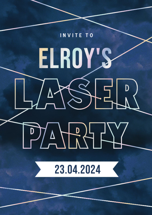 Kinderfeestjes - Stoer lasergame uitnodiging feestje met holografische folie