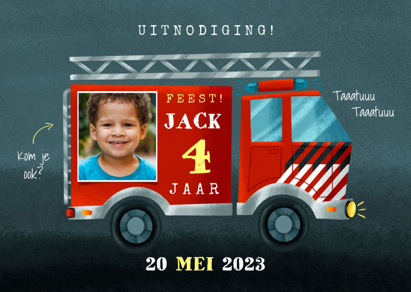 Stoere kinderfeestje kaart brandweerauto, foto en leeftijd - Kinderfeestjes Kinderfeestjes - Stoere kinderfeestje kaart brandweerauto, foto en leeftijd