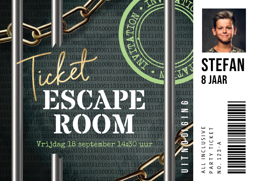 Kinderfeestjes - Stoere ticket uitnodiging escape room kinderfeestje jongen