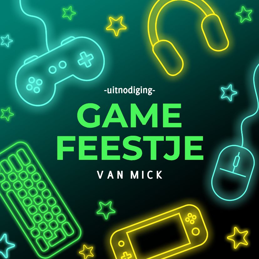 Stoere uitnodiging game feestje met neon illustraties - Kinderfeestjes Kinderfeestjes - Stoere uitnodiging game feestje met neon illustraties