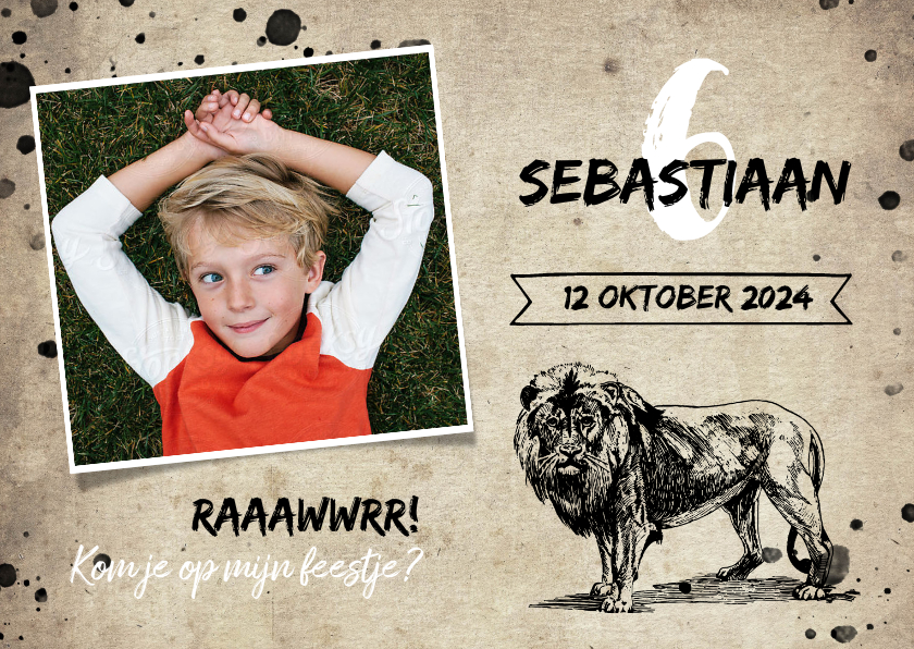 Stoere uitnodiging kinderfeestje met leeuw en spetters - Kinderfeestjes Kinderfeestjes - Stoere uitnodiging kinderfeestje met leeuw en spetters