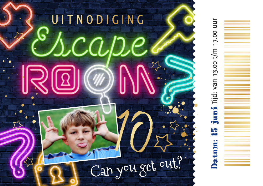 Kinderfeestjes - Toffe uitnodiging kinderfeest escape room ticket goud