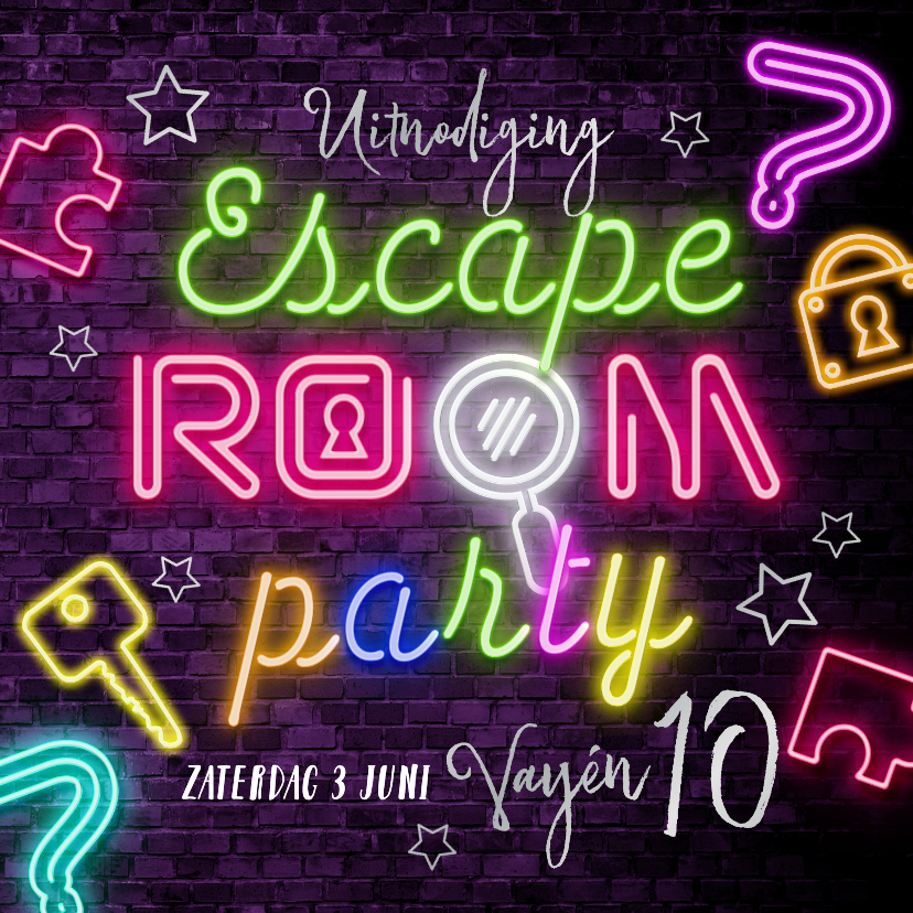 Trendy uitnodiging kinderfeest escape room neon - Kinderfeestjes Kinderfeestjes - Trendy uitnodiging kinderfeest escape room neon