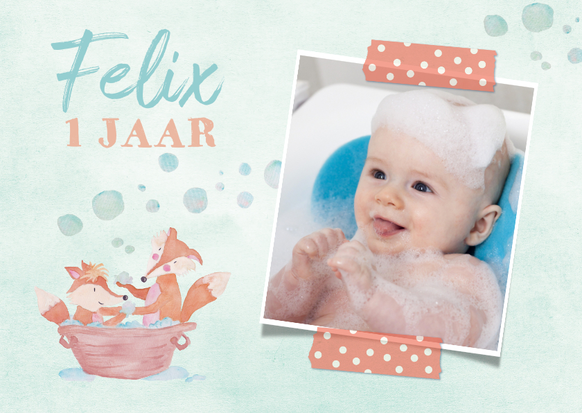 Uitnodiging 1 jaar eigen foto vosjes in bad - Kinderfeestjes Kinderfeestjes - Uitnodiging 1 jaar eigen foto vosjes in bad