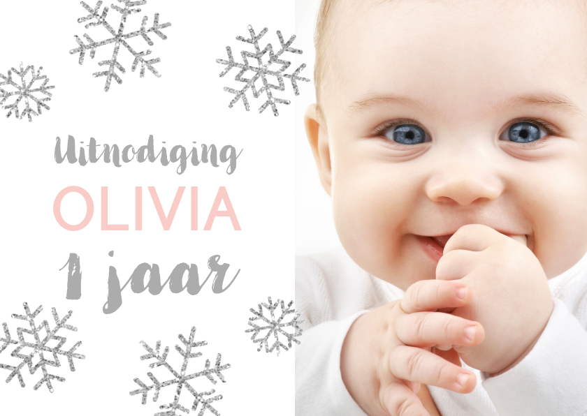 Uitnodiging 1 jaar foto meisje sneeuwvlokjes - Kinderfeestjes Kinderfeestjes - Uitnodiging 1 jaar foto meisje sneeuwvlokjes
