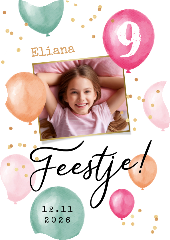 Kinderfeestjes - Uitnodiging 9 jaar meisje ballonnen confetti foto feest wave