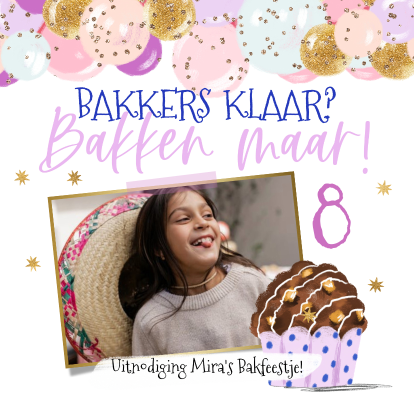 Kinderfeestjes - Uitnodiging bakfeestje ballonnenslinger muffin foto
