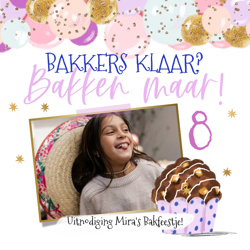 Uitnodiging bakfeestje ballonnenslinger muffin foto - Kinderfeestjes Kinderfeestjes - Uitnodiging bakfeestje ballonnenslinger muffin foto