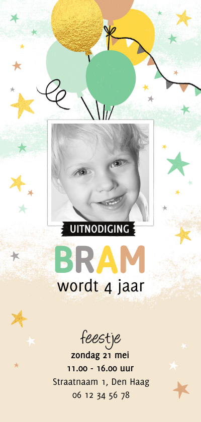 Uitnodiging ballonnen sterren goud groen bruin - Kinderfeestjes Kinderfeestjes - Uitnodiging ballonnen sterren goud groen bruin