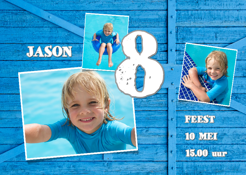 Uitnodiging blauw hout kind - OT - Kinderfeestjes Kinderfeestjes - Uitnodiging blauw hout kind - OT