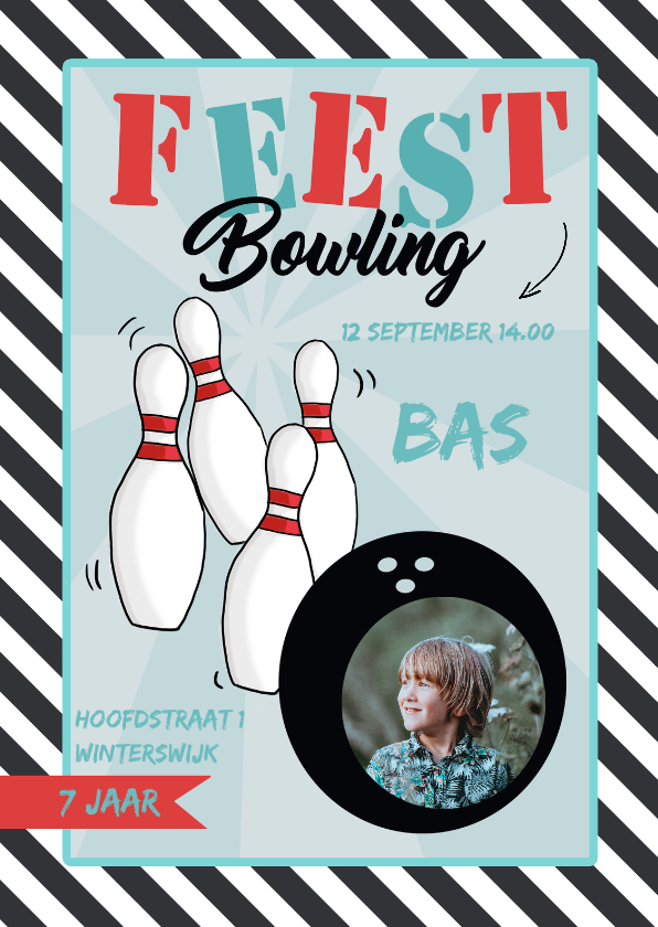 Kinderfeestjes - Uitnodiging Bowlingfeest streep