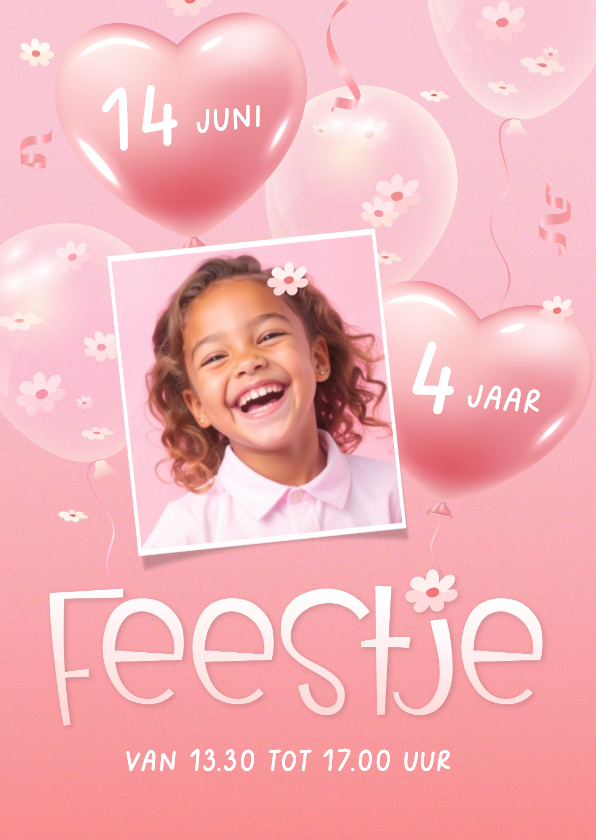 Uitnodiging eigen foto hartjes en bloesem 3d ballonnen - Kinderfeestjes Kinderfeestjes - Uitnodiging eigen foto hartjes en bloesem 3d ballonnen