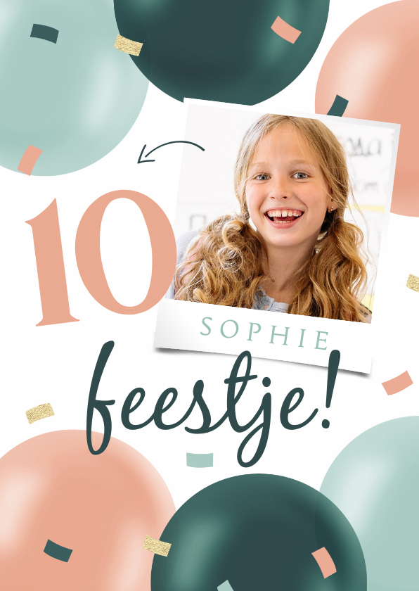 Kinderfeestjes - Uitnodiging feestje meisje confetti foto ballonnen