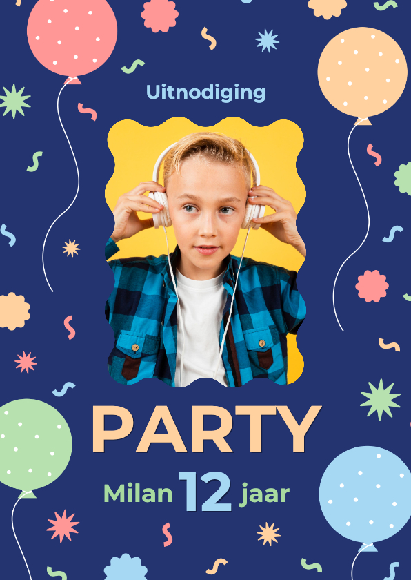 Uitnodiging feestje met foto, confetti en ballonnen blauw - Kinderfeestjes Kinderfeestjes - Uitnodiging feestje met foto, confetti en ballonnen blauw