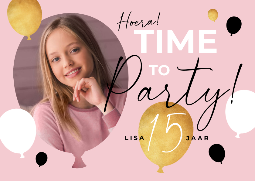 Kinderfeestjes - Uitnodiging feestje verjaardag fotokaart ballonnen goud roze