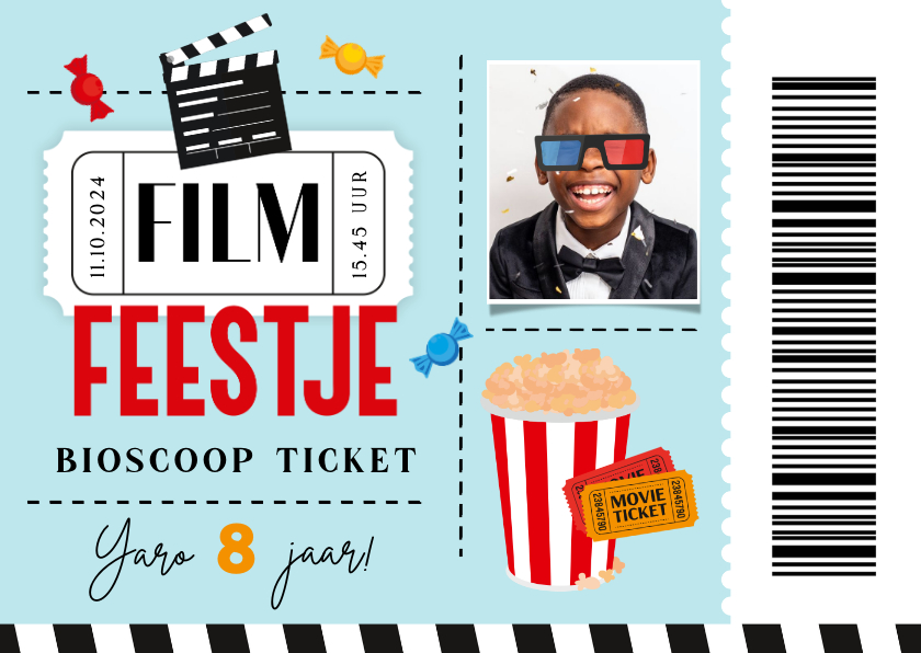 Kinderfeestjes - Uitnodiging film feestje ticket popcorn foto snoep
