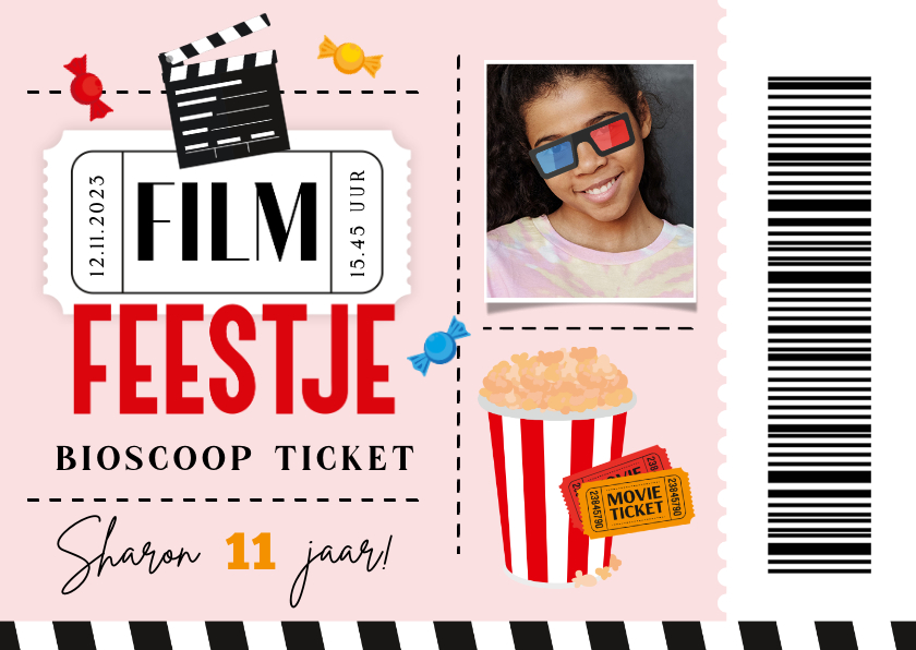 Uitnodiging filmticket popcorn foto - Kinderfeestjes Kinderfeestjes - Uitnodiging filmticket popcorn foto