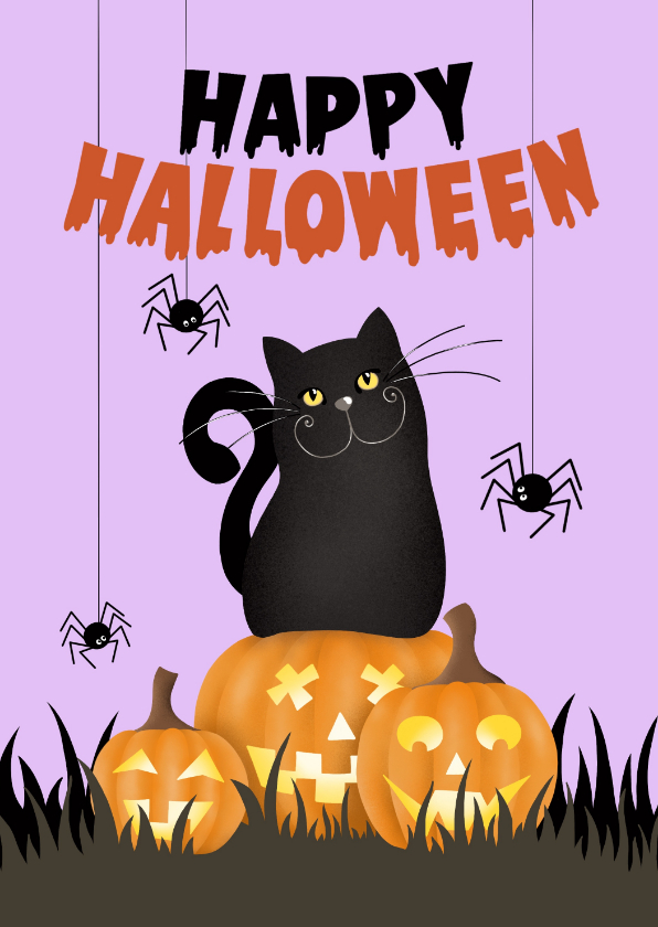 Kinderfeestjes - Uitnodiging halloween met kat spinnen en pompoenen