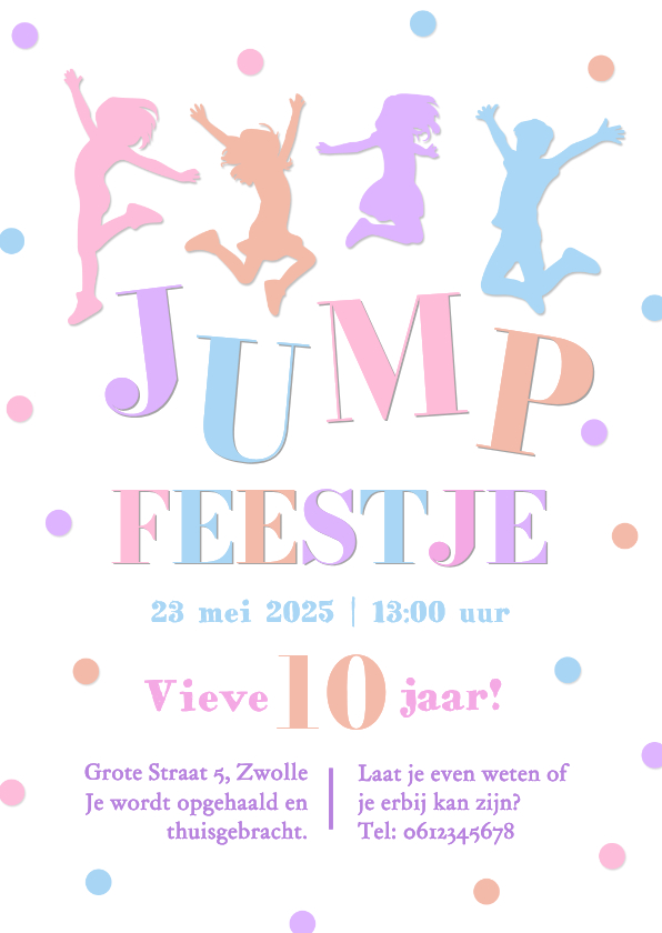 Kinderfeestjes - Uitnodiging jump feestje meisje wit met confetti