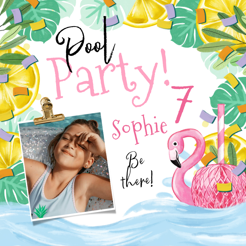 Uitnodiging kinderfeest ‘Pool Party’ tropisch flamingo - Kinderfeestjes Kinderfeestjes - Uitnodiging kinderfeest ‘Pool Party’ tropisch flamingo