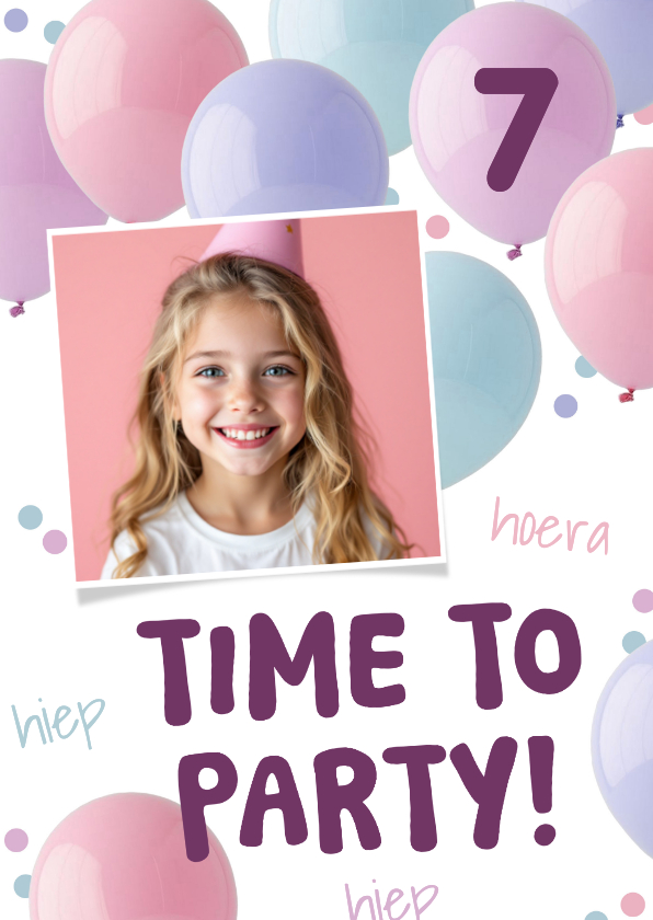 Kinderfeestjes - Uitnodiging kinderfeestje ballonnen foto time to party
