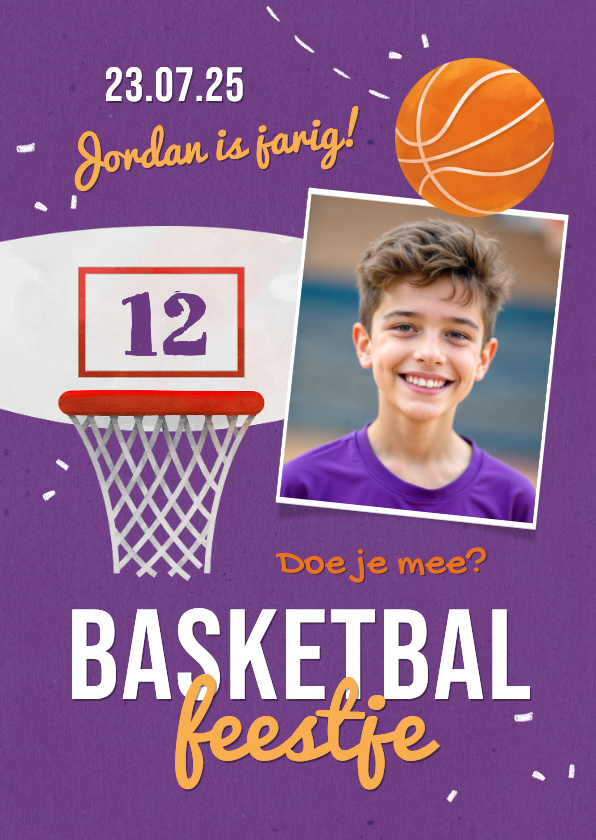 Uitnodiging kinderfeestje basketbal foto stoer - Kinderfeestjes Kinderfeestjes - Uitnodiging kinderfeestje basketbal foto stoer